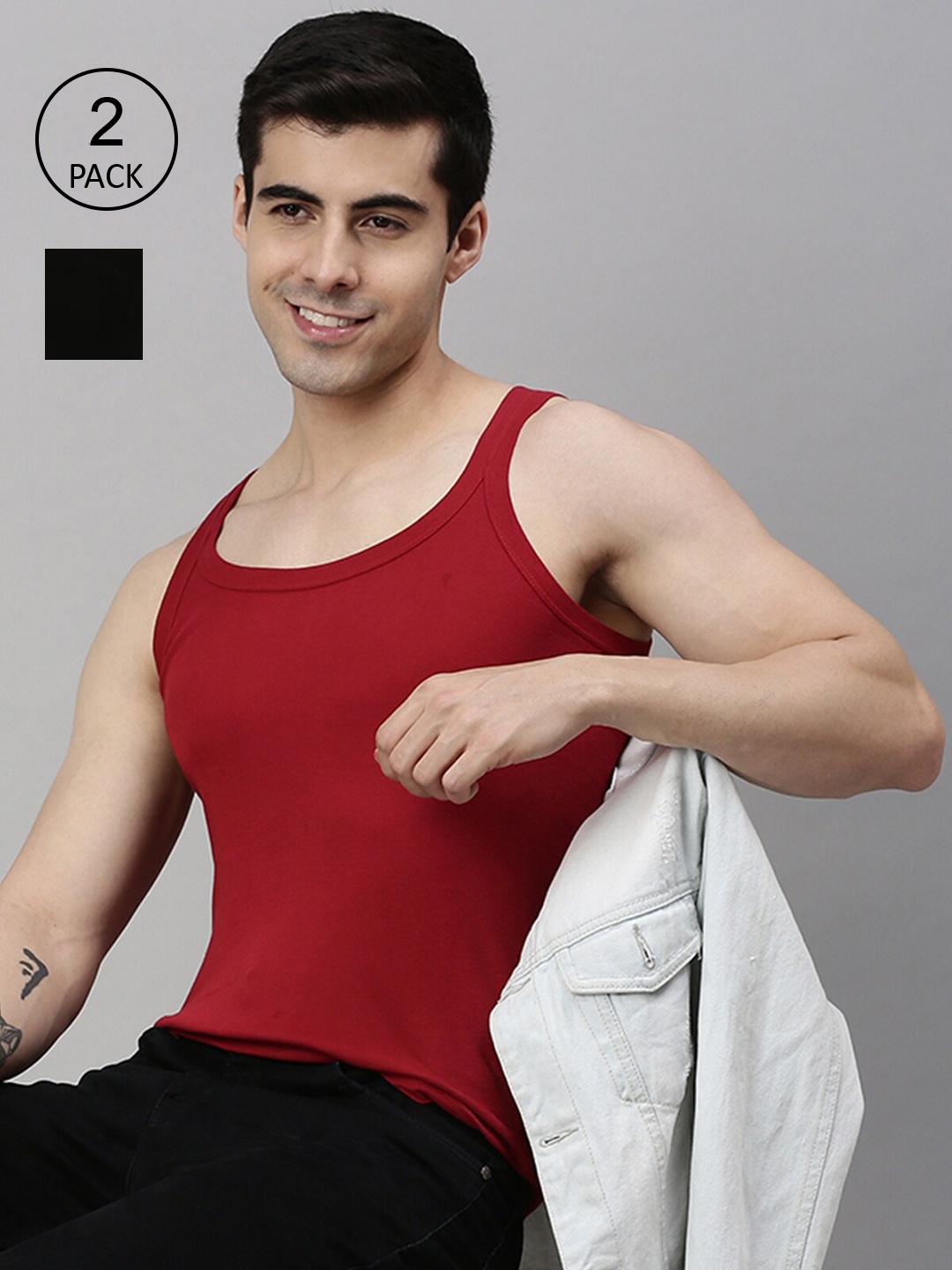 

Lux Cozi Men Men Pack Of 2 Solid Organic Cotton Gym Vests, Black