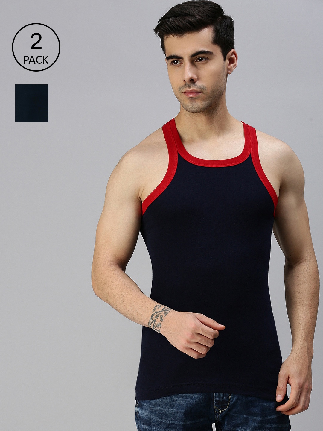 

Lux Cozi Men Pack Of 2 Solid Organic Cotton Gym Vests, Blue