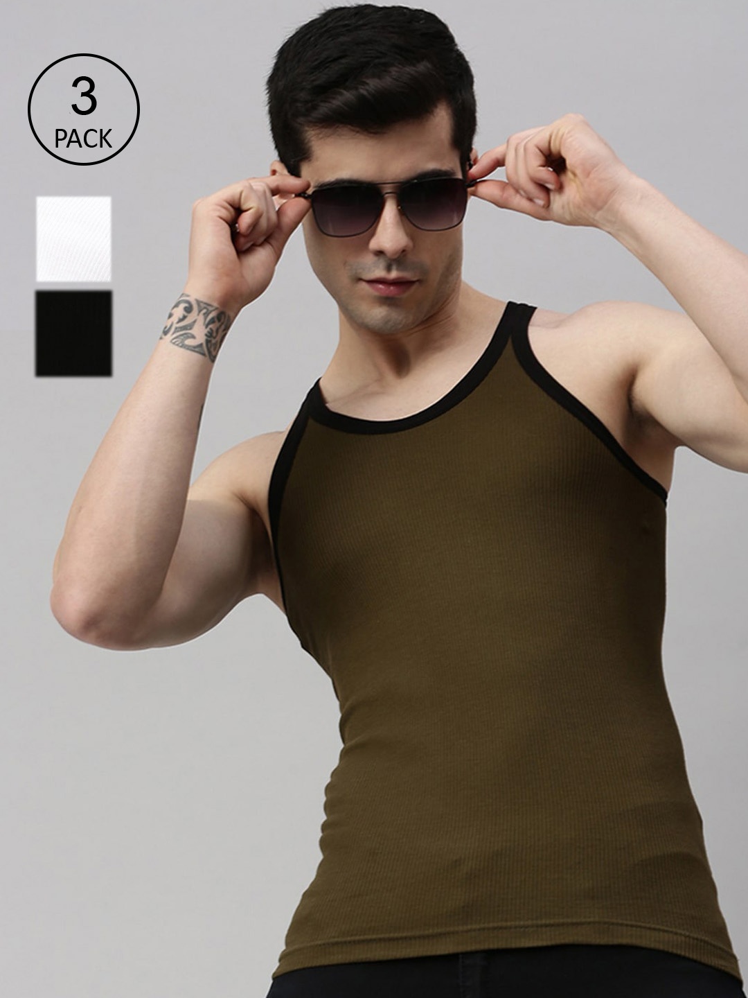 

Lux Cozi Men Pack of 3 Olive, Black & White Solid Pure Cotton Innerwear Vests