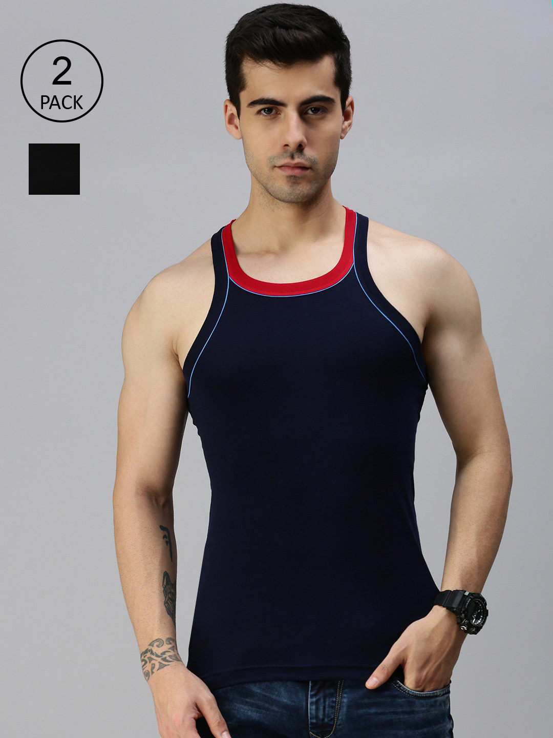

Lux Cozi Men Pack of 2 Black & Navy Blue Solid Pure Cotton Gym Vests