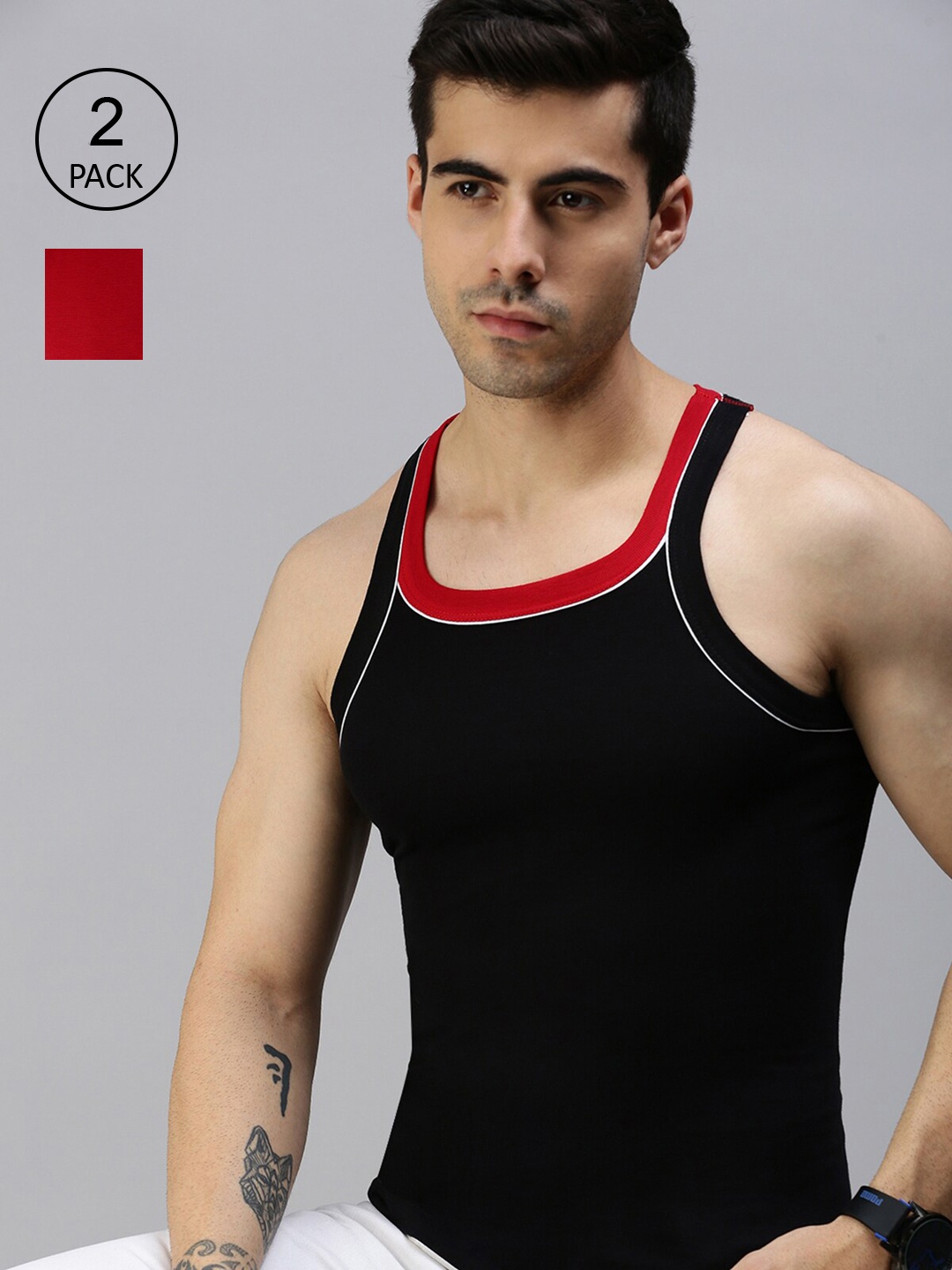 

Lux Cozi Men Pack Of 2 Solid Pure Cotton Innerwear Gym Vests, Black