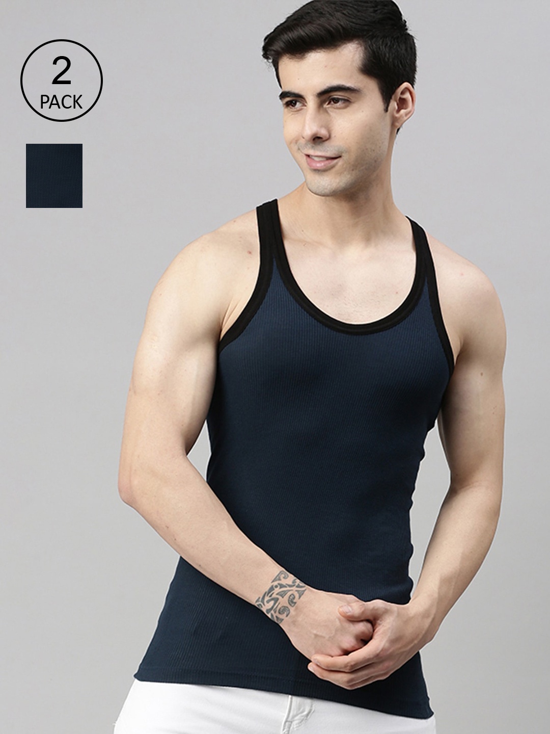 

Lux Cozi Men Pack Of 2 Mid-Blue Solid Pure Cotton Gym Vests, Navy blue