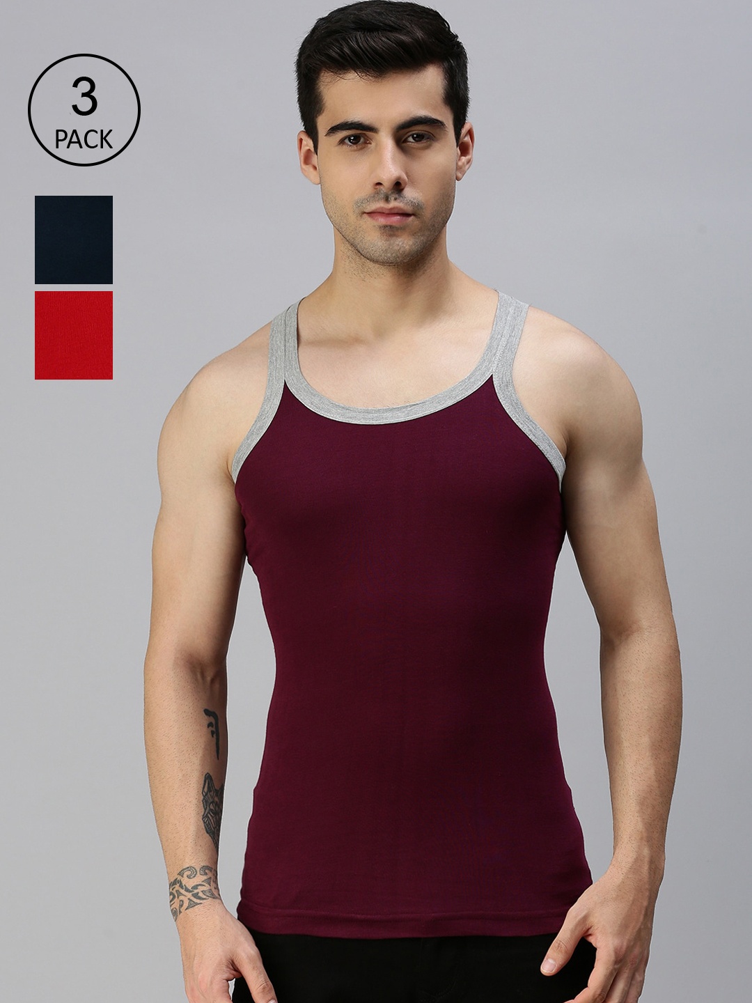 

Lux Cozi Men Pack Of 3 Solid Organic Cotton Anti-odour Gym Innerwear Vests, Blue