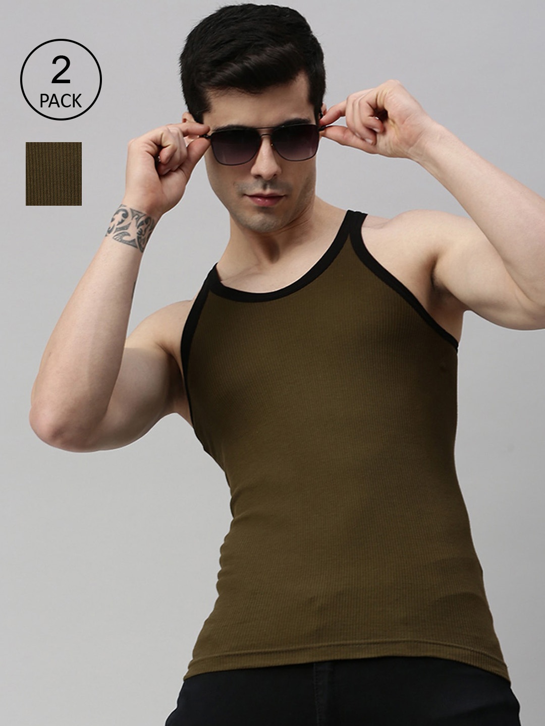 

Lux Cozi Men Pack Of 2 Solid Pure Cotton Innerwear Gym Vests, Olive