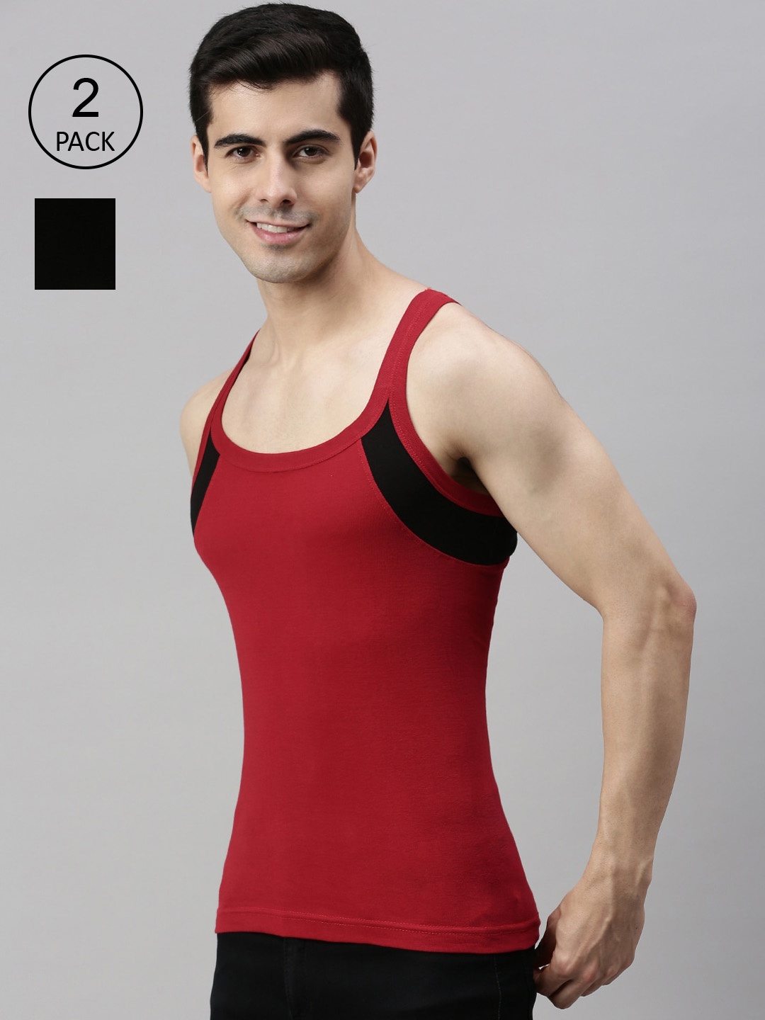 

Lux Cozi Men Pack Of 2 Solid Pure Cotton Gym Vests, Black