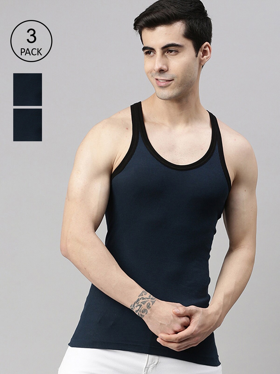 

Lux Cozi Men Pack Of 3 Solid Pure Cotton Innerwear Vests, Navy blue