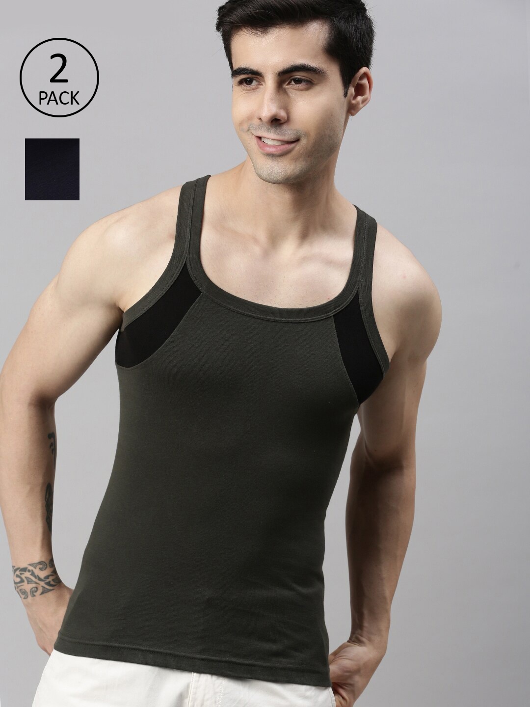 

Lux Cozi Men Pack Of 2 Solid Pure Cotton Gym Vests, Navy blue