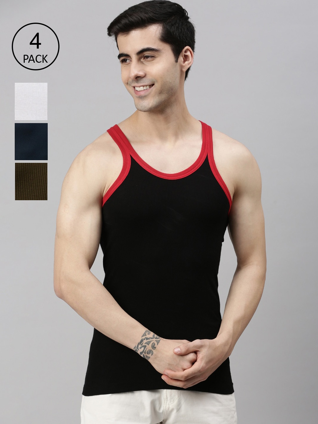 

Lux Cozi Men Pack of 4 Assorted Solid Pure Cotton Gym Vests