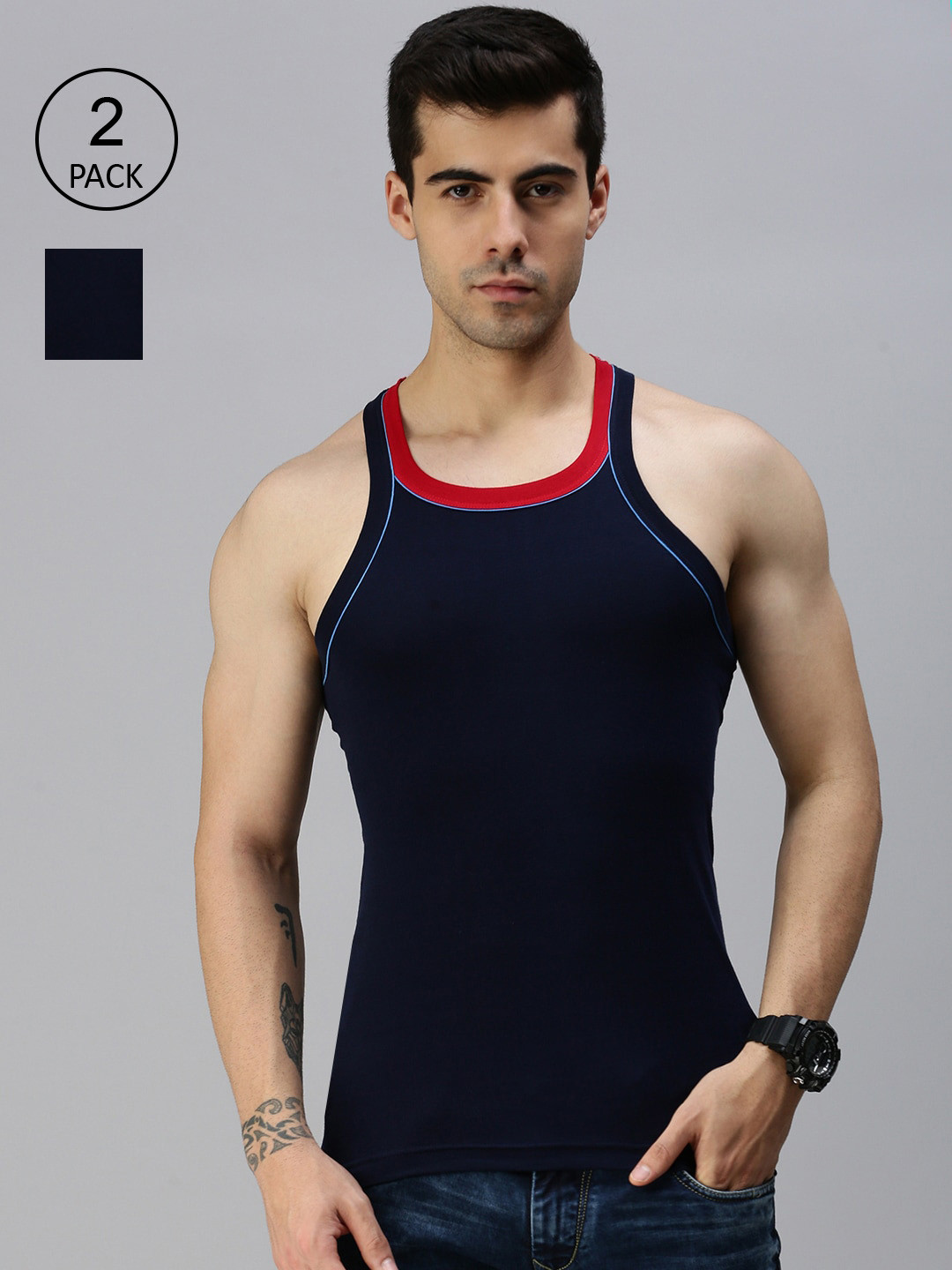 

Lux Cozi Men Pack Of 2 Solid Navy Blue Organic Cotton Gym Innerwear Vests