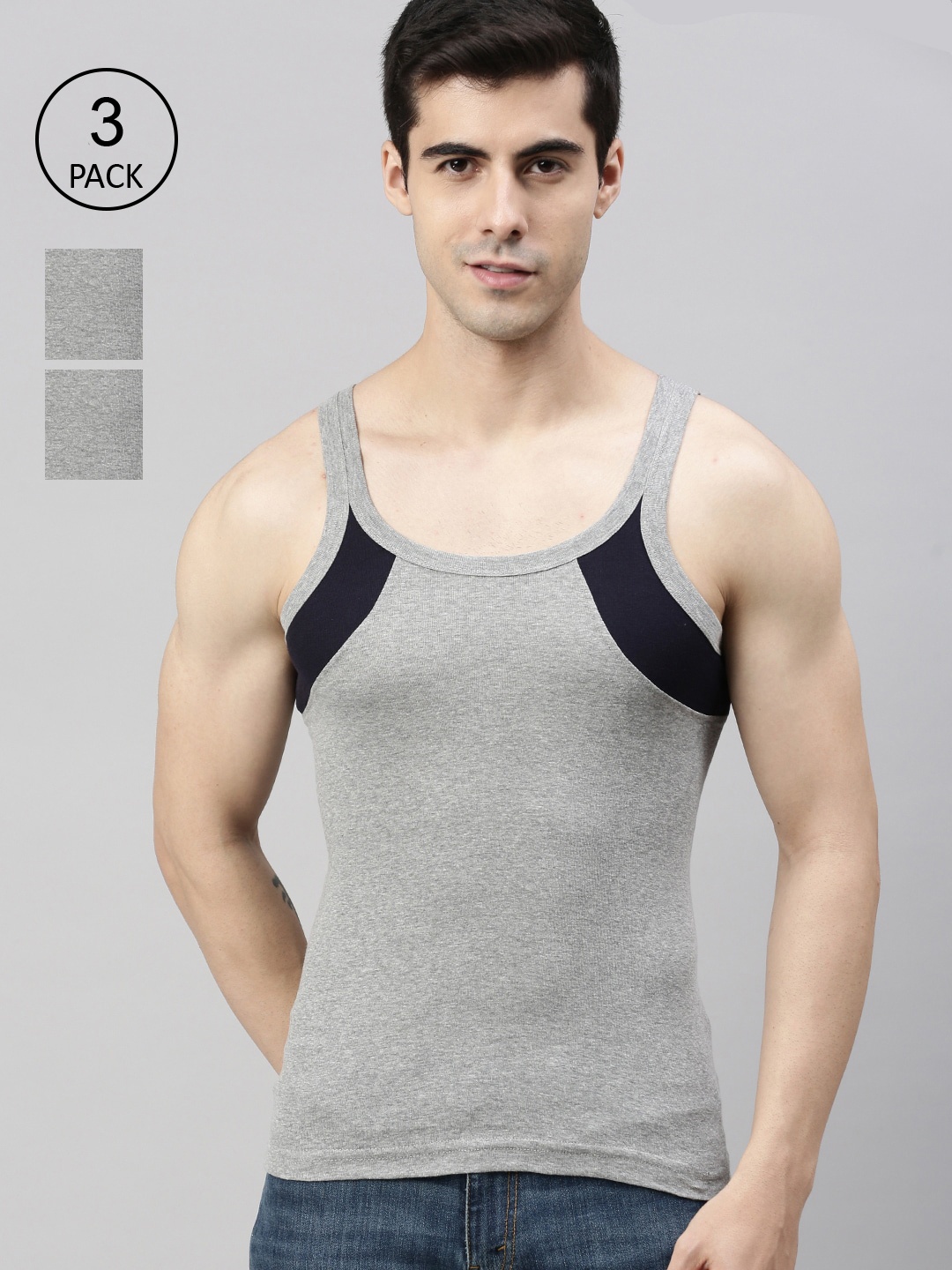 

Lux Cozi Men Pack Of 3 Solid Pure Cotton Innerwear Gym Vests, Grey