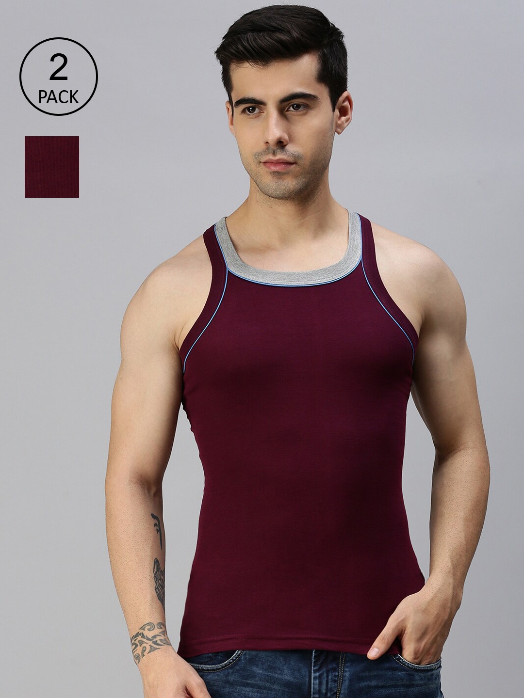 

Pack Of Two Lux Cozi Men Maroon Solid Cotton Innerwear Vests