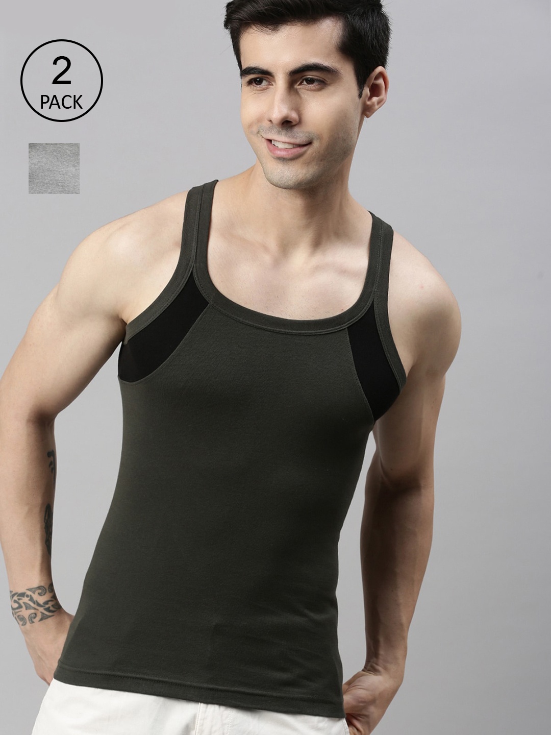 

Lux Cozi Men Pack Of 2 Grey & Olive Green Solid Pure Cotton Innerwear Vests