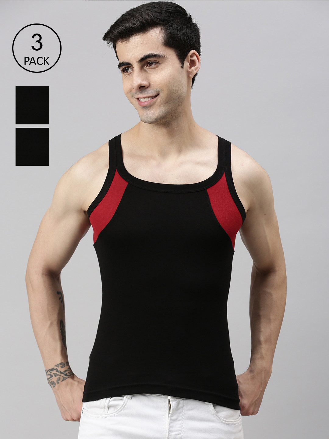 

Lux Cozi Men Plus Size Pack Of 3 Solid Pure Cotton Innerwear Vests, Black