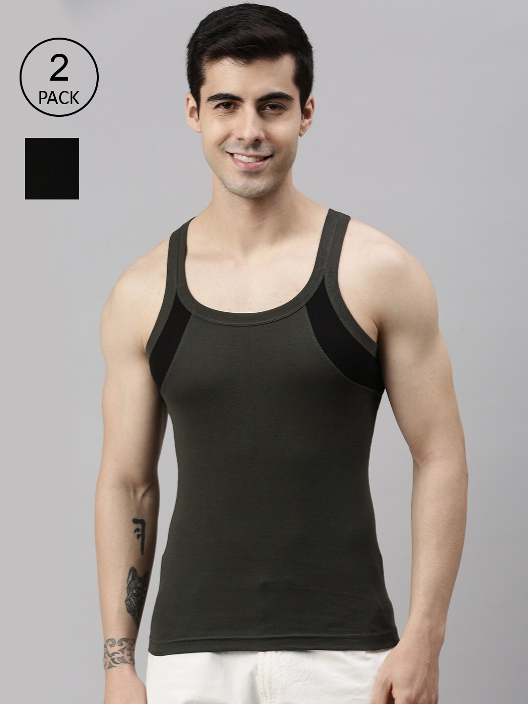 

Lux Cozi Men Pack of 2 Solid Organic Cotton Innerwear Vests, Black