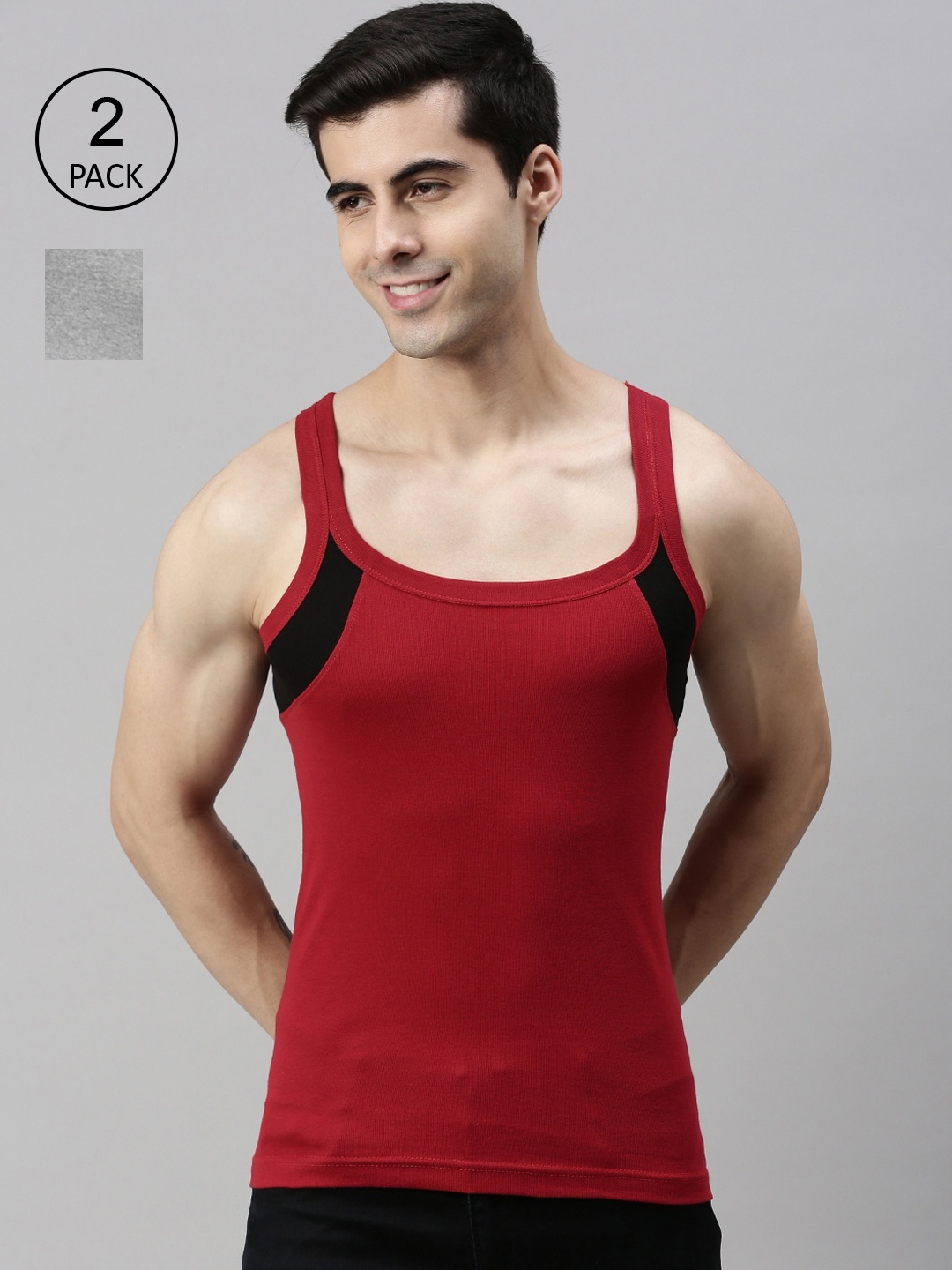 

Lux Cozi Men Pack Of 2 Grey And Red Solid Pure Cotton Anti-odour Gym Vests