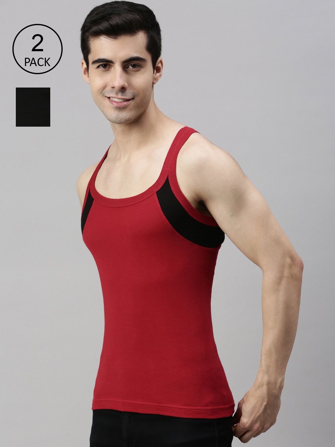 

Lux Cozi Men Pack Of 2 Solid Cotton Innerwear Vests, Black