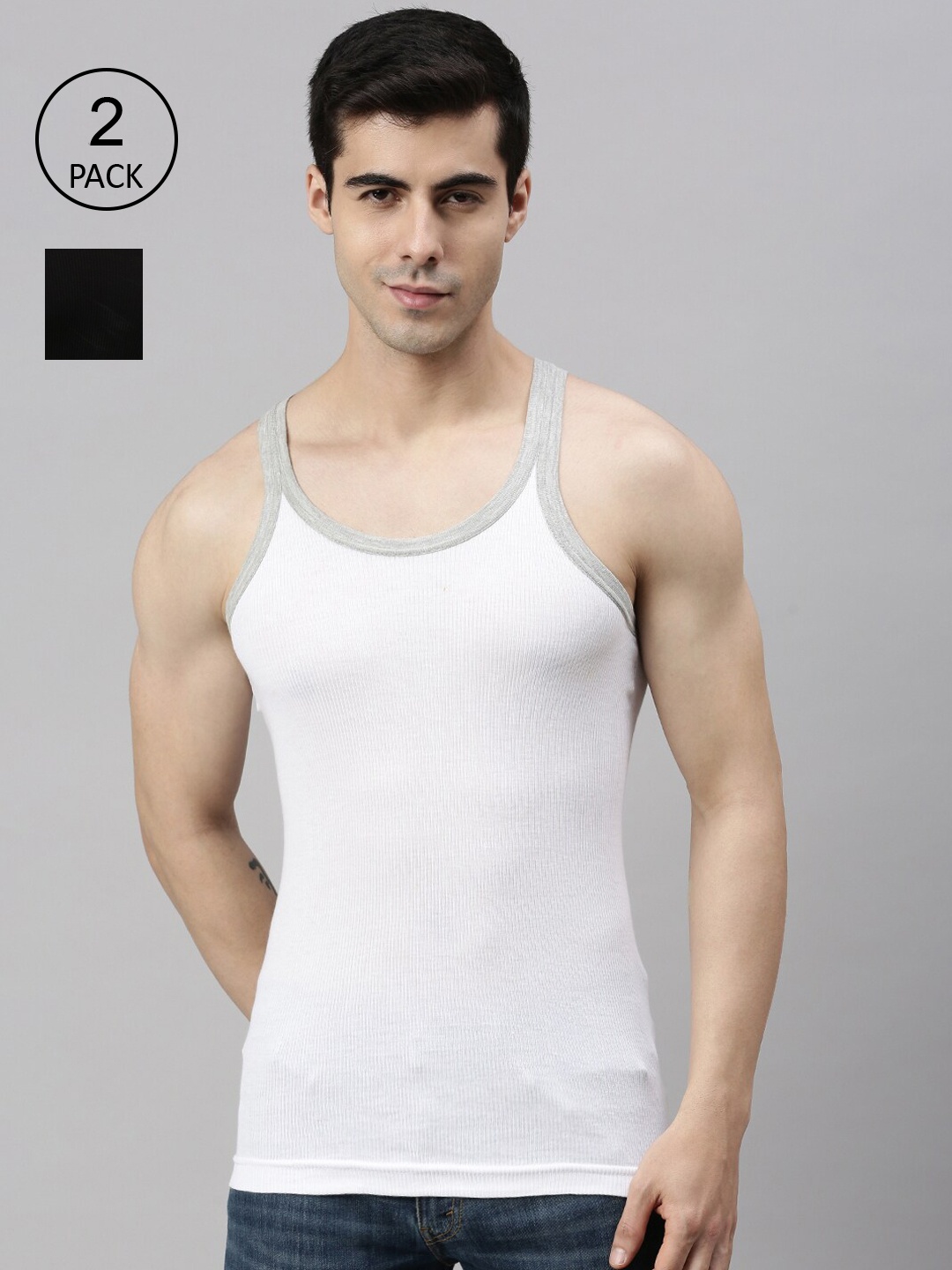 

Lux Cozi Men Pack Of 2 Solid Pure Cotton Innerwear Gym Vests, White