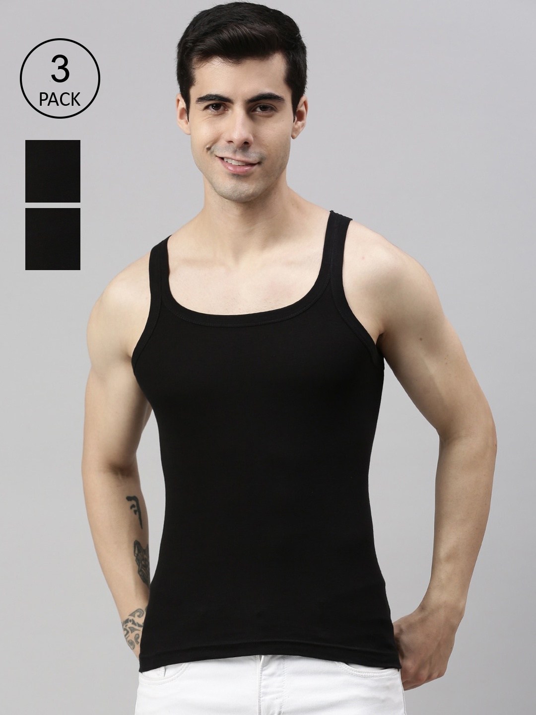

Lux Cozi Men Pack of 3 Black Solid Pure Cotton Gym Vests