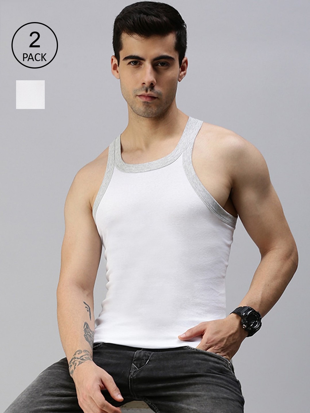 

Lux Cozi Men Pack Of 2 White Solid Pure Cotton Gym Vests