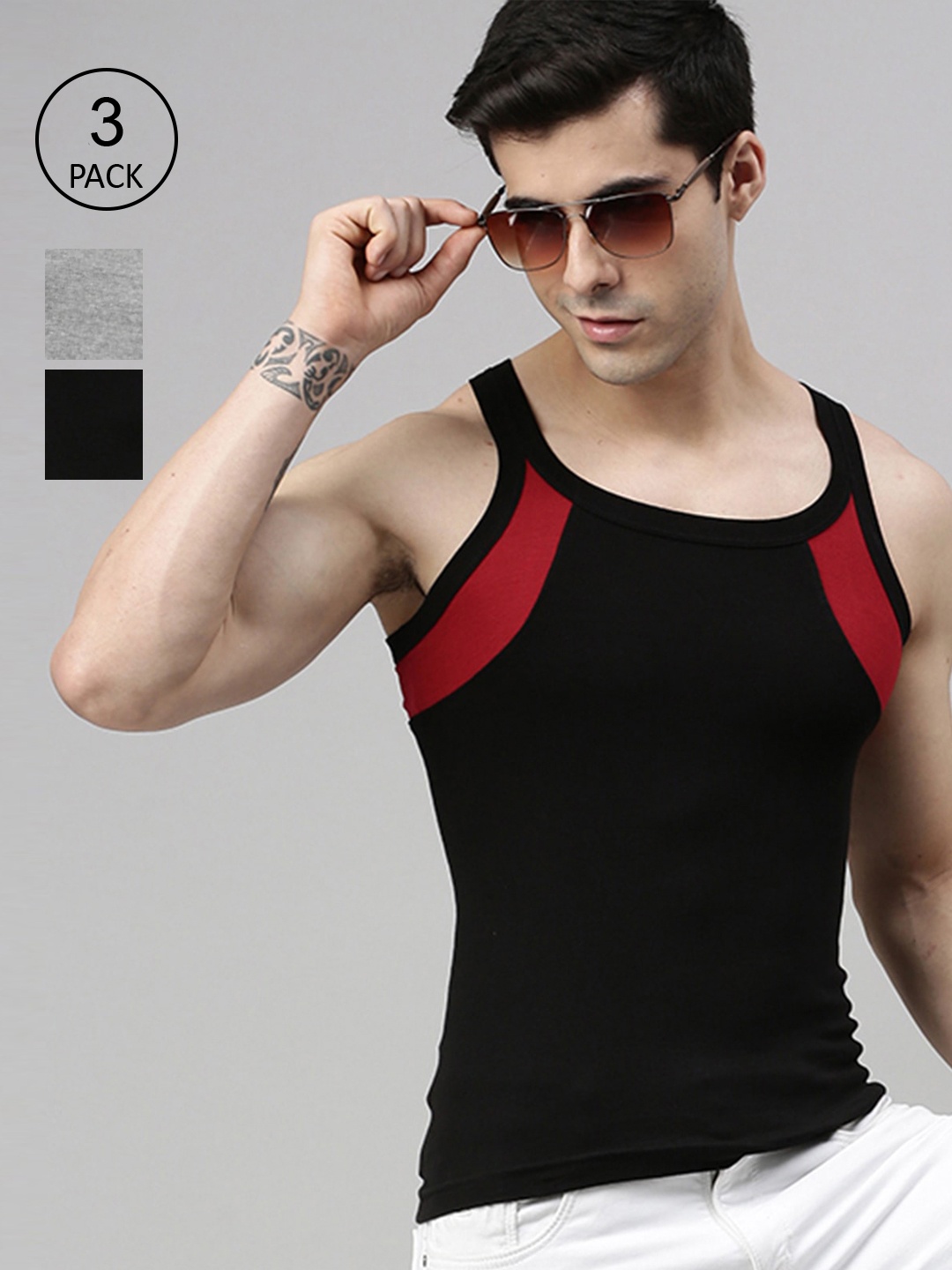 

Lux Cozi Men Pack Of 3 Solid Pure Cotton Gym Vests, Black