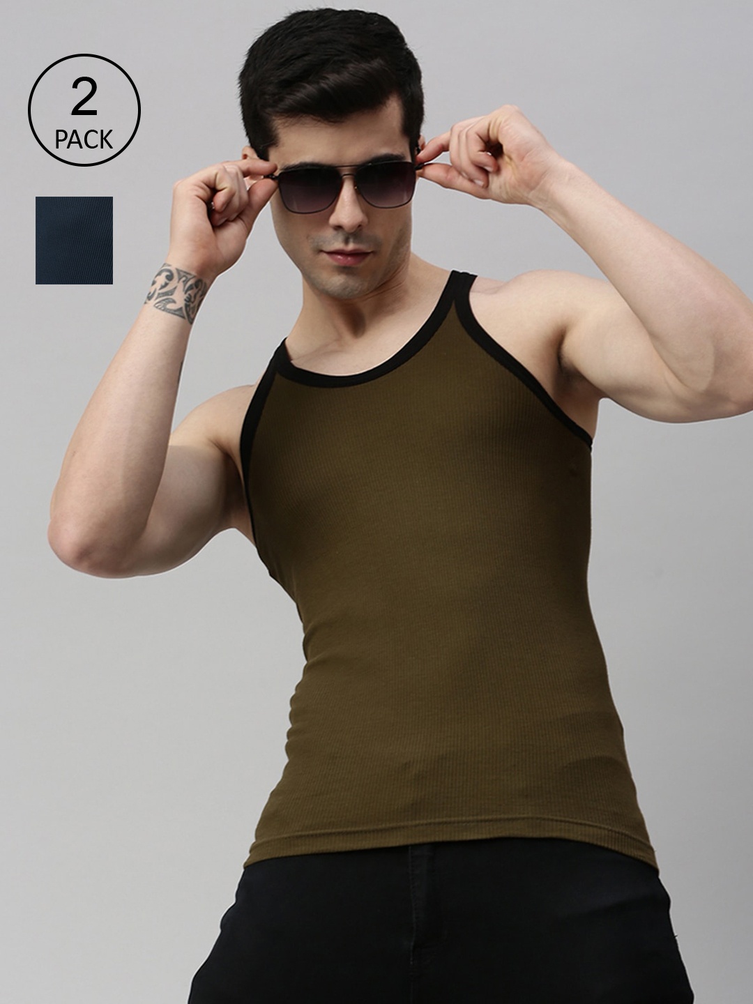 

Lux Cozi Men Pack Of 2 Blue & Olive Solid Organic Cotton Anti-odour Innerwear Vests