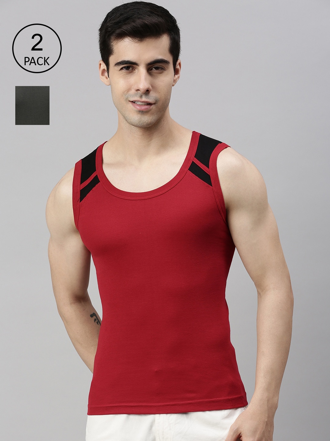 

Lux Cozi Men Pack Of 2 Solid Cotton Innerwear Vests, Olive
