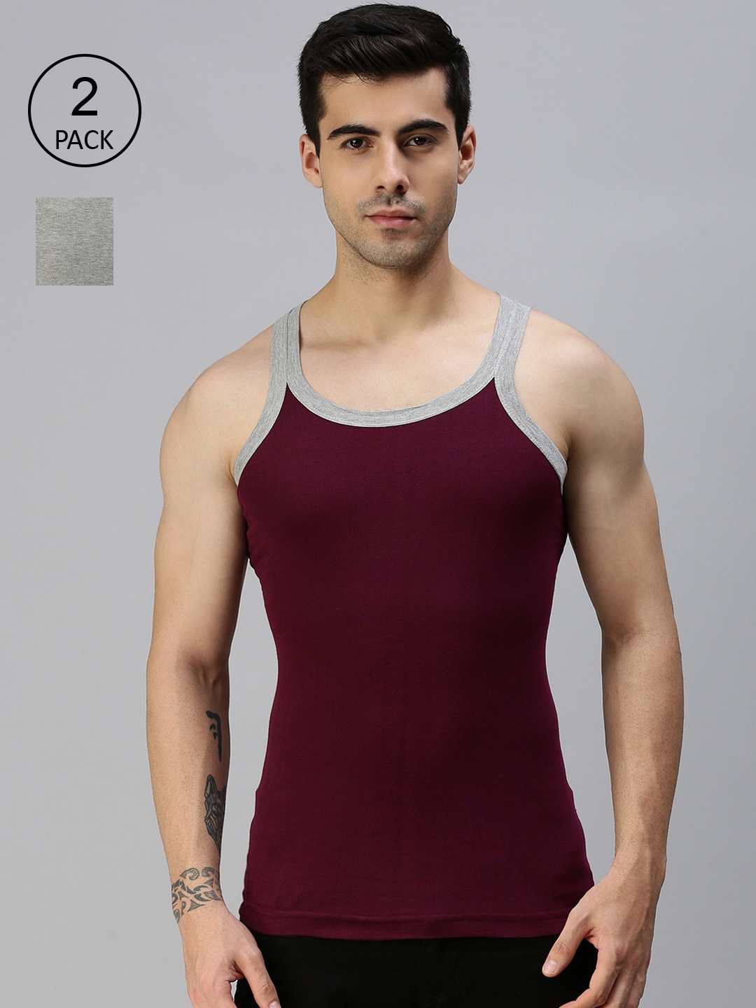 

Lux Cozi Men Pack Of 2 Grey And Maroon Solid Pure Cotton Anti-odour Gym Vests