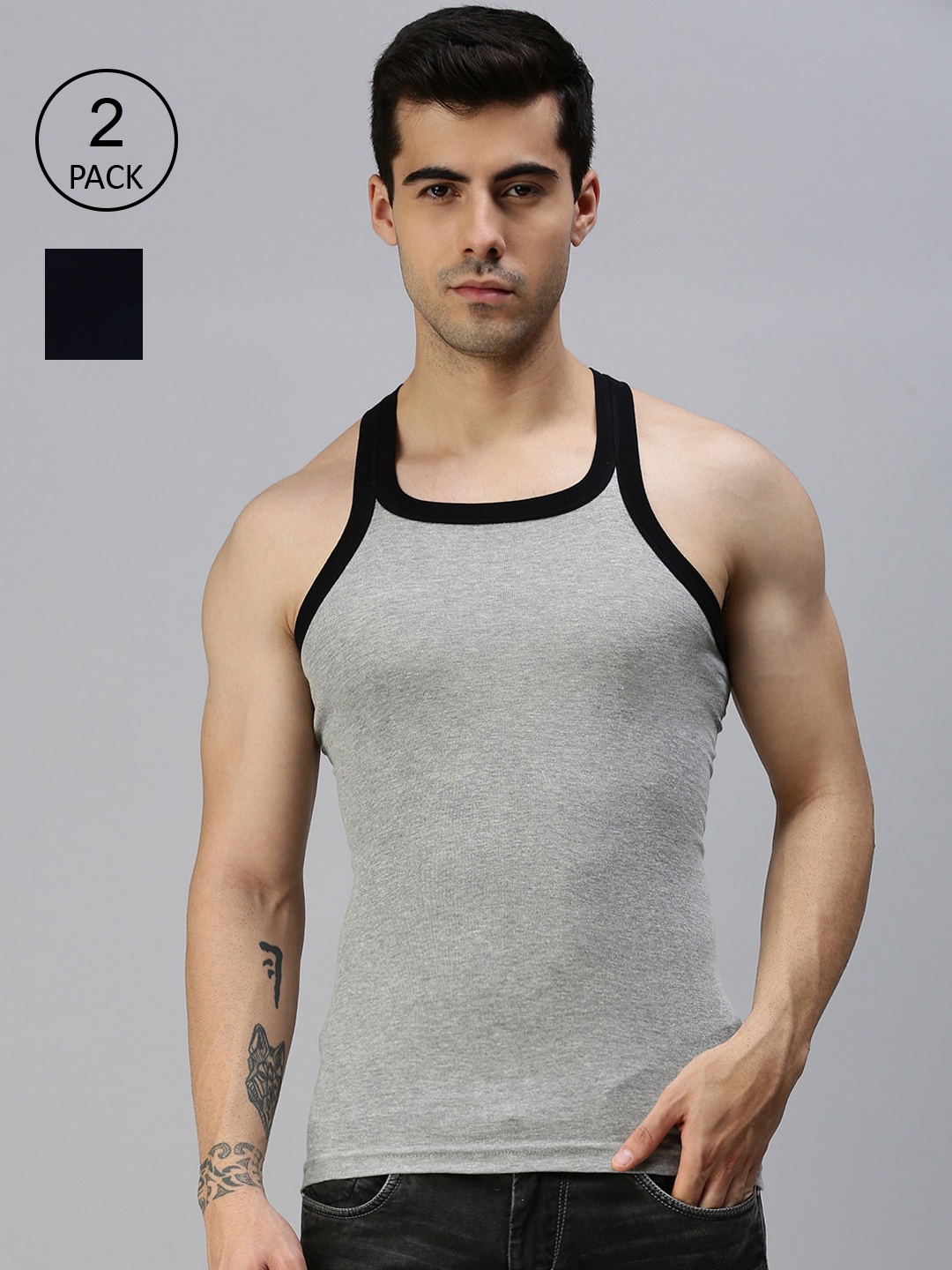 

Lux Cozi Men Pack Of 2 Grey & Navy-Blue Solid Organic Cotton Gym Vests