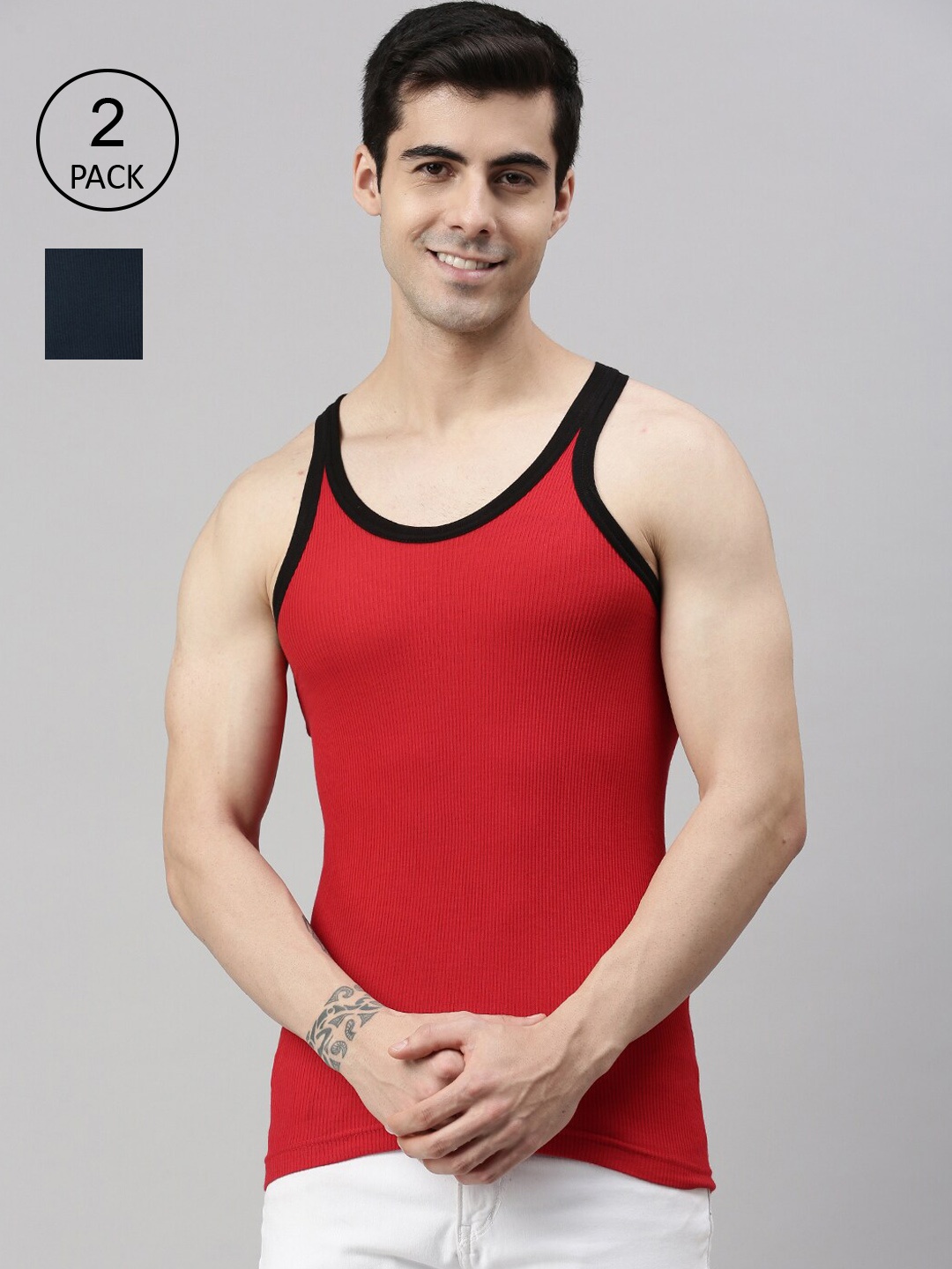 

Lux Cozi Men Pack Of 2 Red And Blue Solid Organic Cotton Innerwear Vests