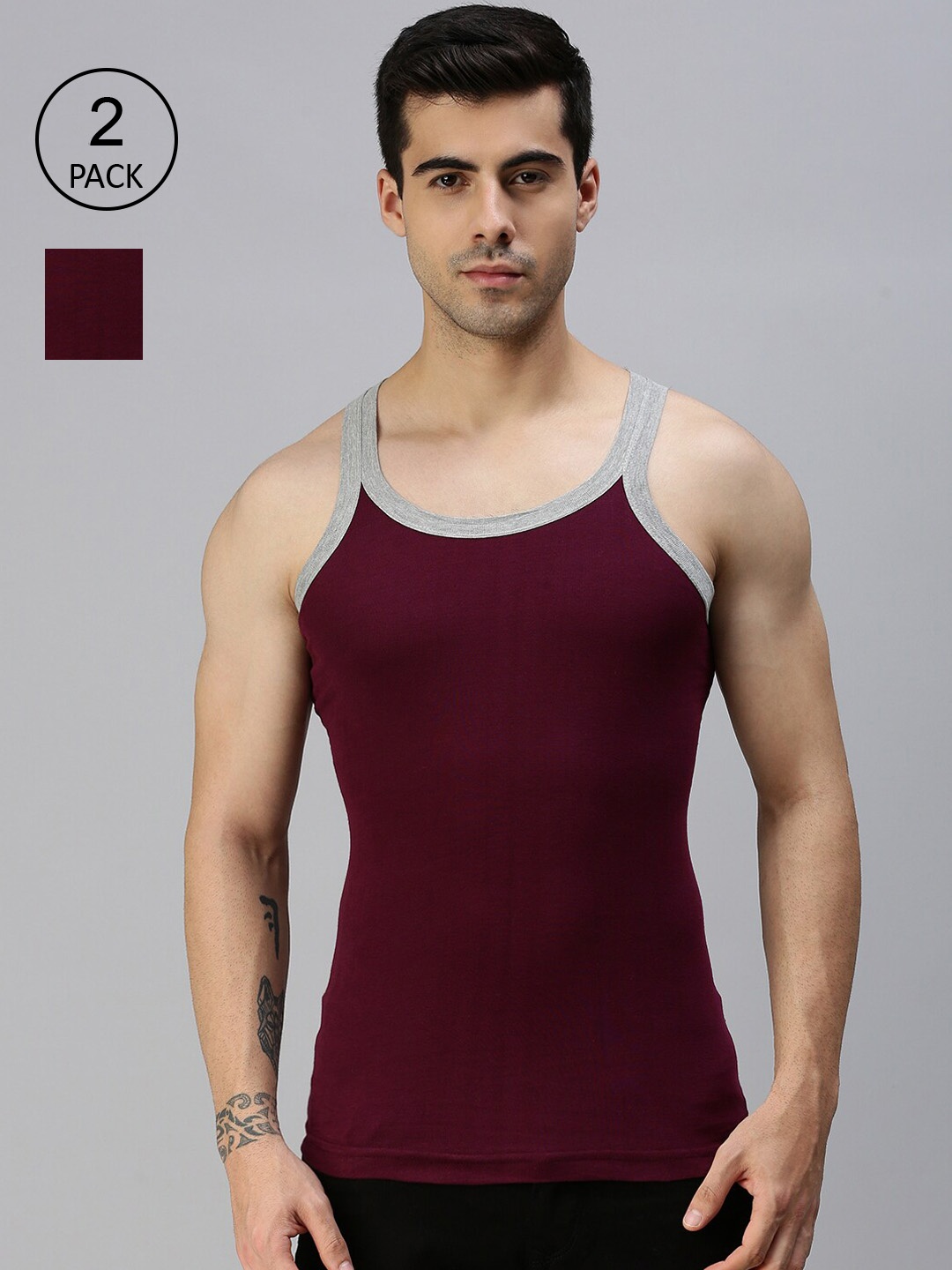 

Lux Cozi Men Pack Of 2 Maroon Solid Pure Cotton Gym Vests