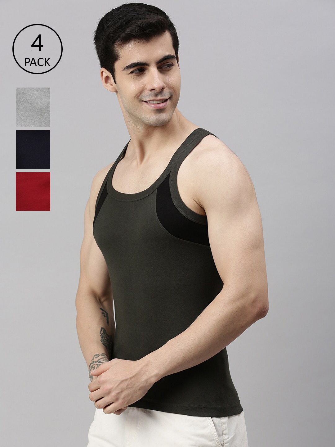 Lux Cozi Men Pack Of 4 Assorted Pure Cotton Gym Vests