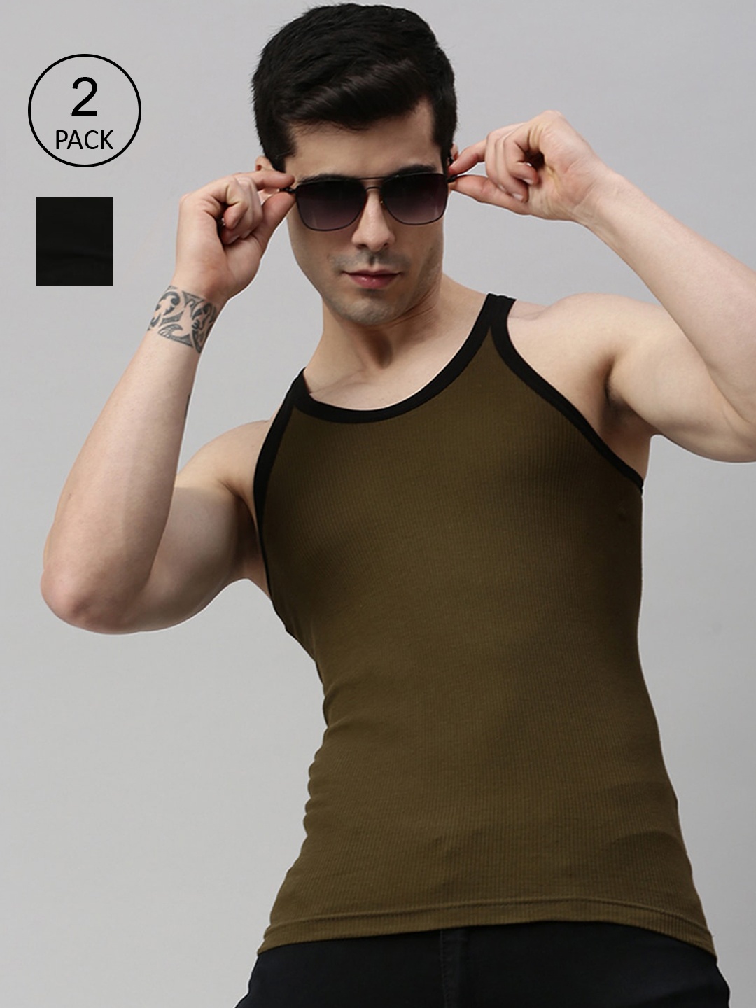 

Lux Cozi Men Pack Of 2 Solid Cotton Innerwear Vests, Black