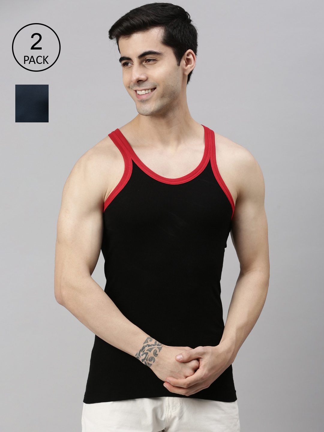 

Pack Of Two Lux Cozi Men Black & Blue Solid Cotton Innerwear Vests
