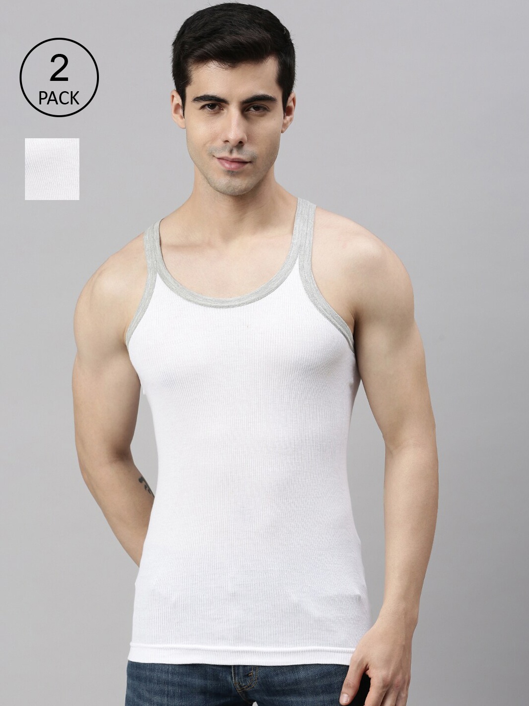 

Lux Cozi Men Pack Of 2 White Solid Pure Cotton Gym Vests