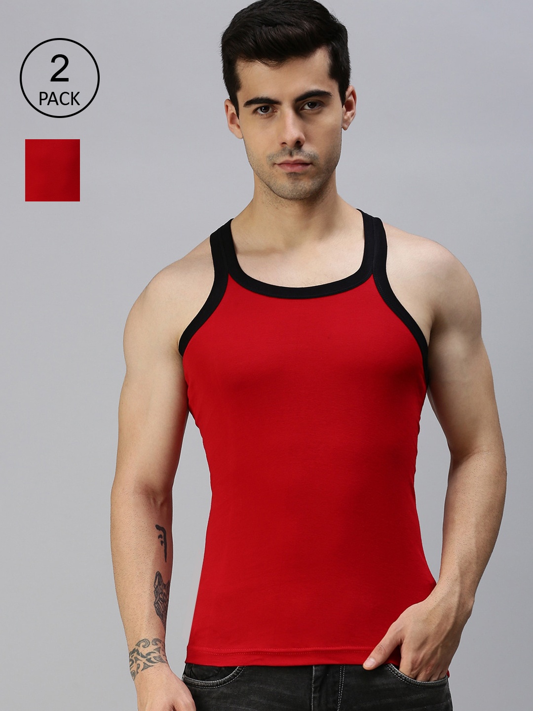 

Lux Cozi Men Pack Of 2 Red Solid Pure Cotton Innerwear Gym Vests
