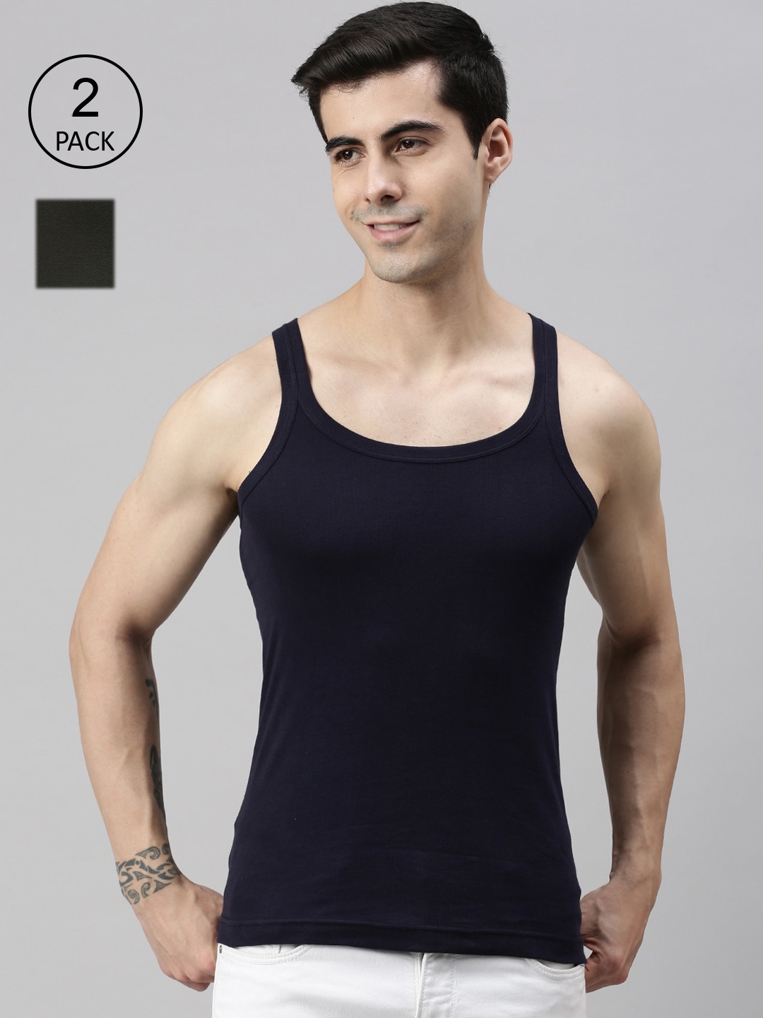 

Lux Cozi Men Pack Of 2 Solid Cotton Innerwear Vests, Olive