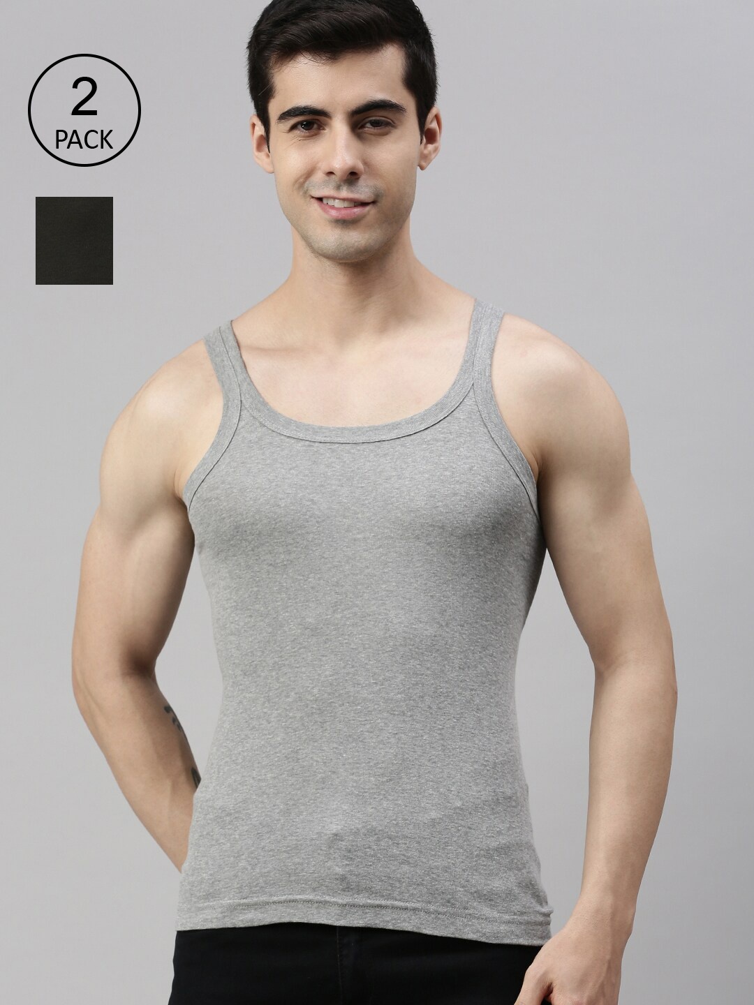 

Lux Cozi Men Pack Of 2 Solid Pure Cotton Gym Vests, Olive
