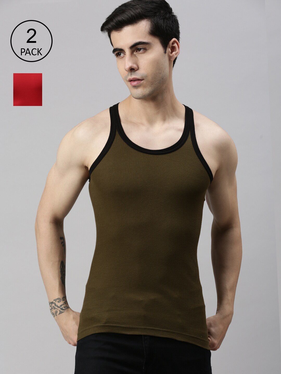 

Lux Cozi Men Pack Of 2 Solid Organic Cotton Innerwear Vests, Olive