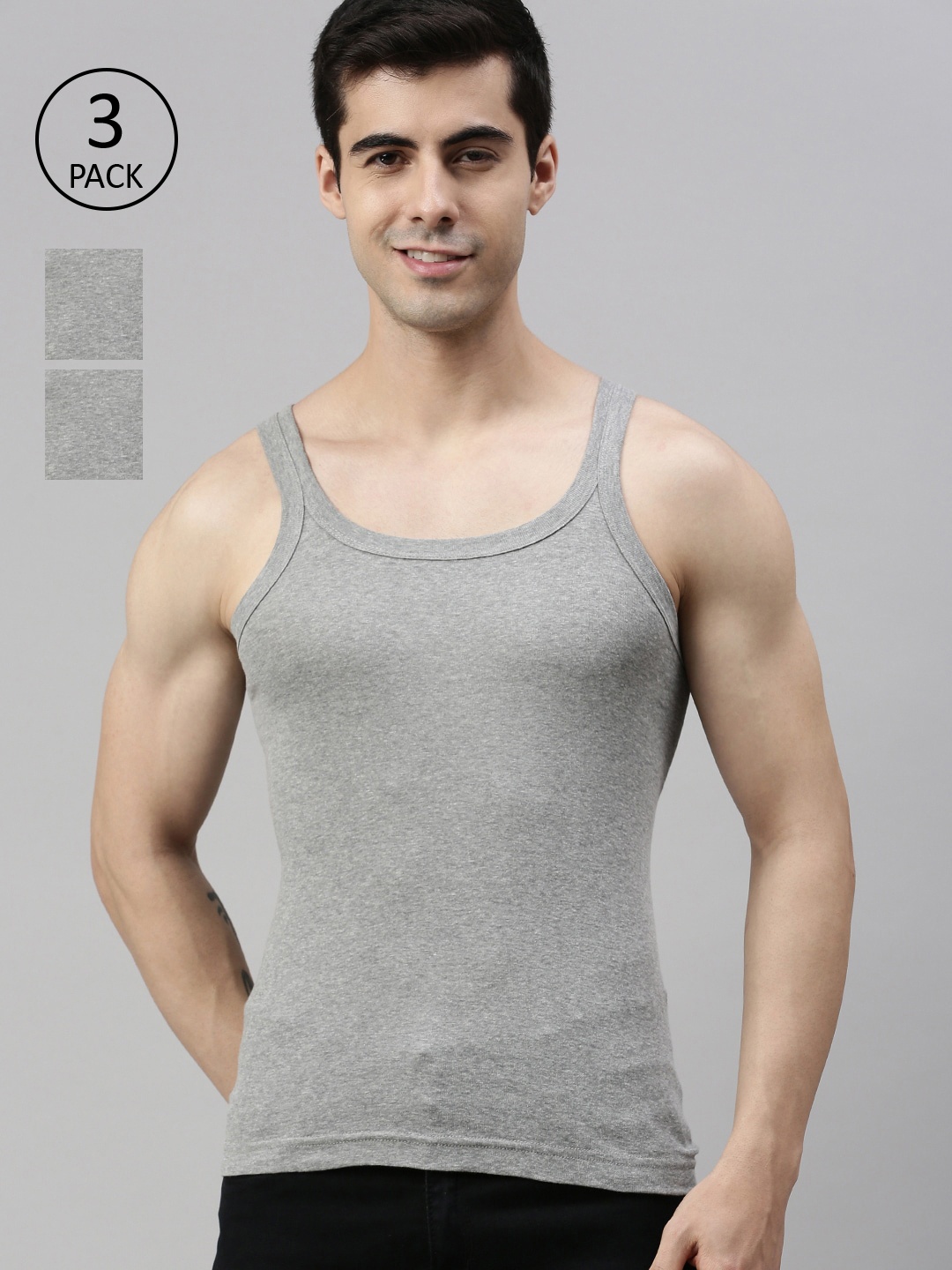 

Lux Cozi Men Pack Of 3 Grey Solid Organic Cotton Gym Vests