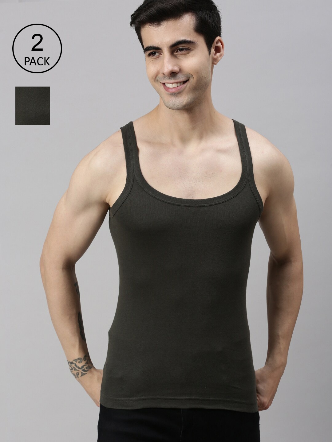 

Lux Cozi Men Pack of 3 Olive Solid Basic Organic Cotton Innerwear Vests