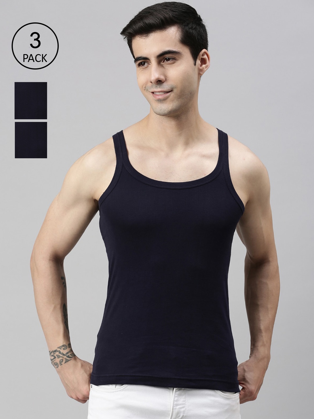 

Lux Cozi Men Pack Of 3 Navy Blue Solid Cotton Innerwear Vests
