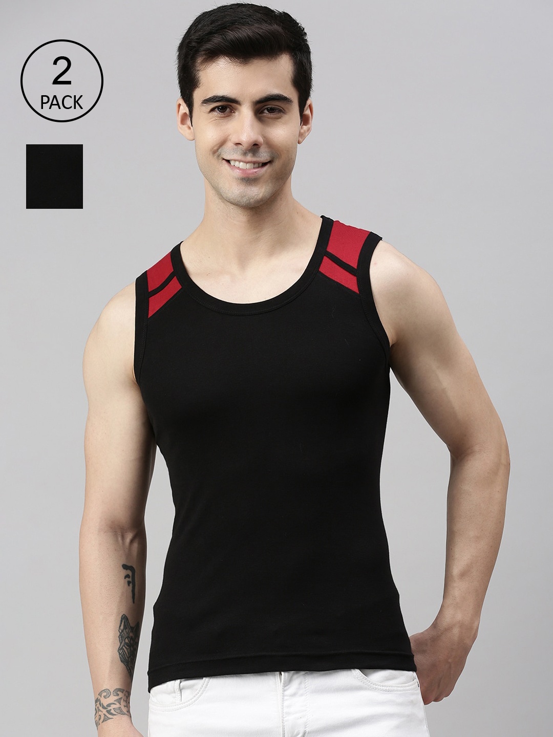 

Lux Cozi Men Pack Of 2 Solid Pure Cotton Innerwear Gym Vests, Black