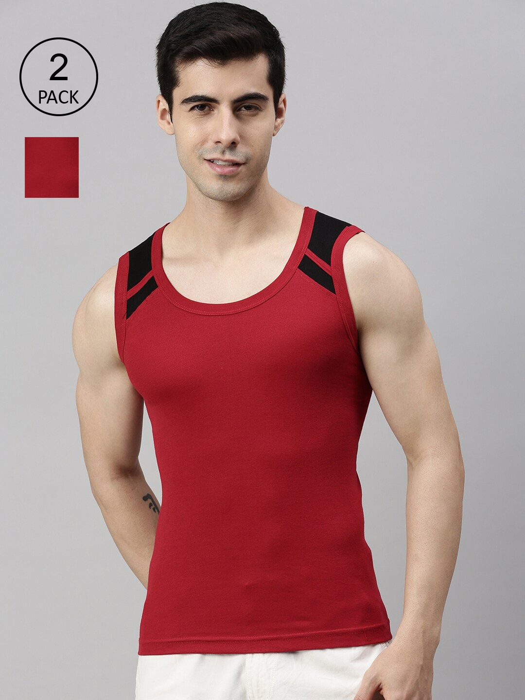 

Lux Cozi Men Pack of 2 Red Solid Pure Cotton Gym Vests