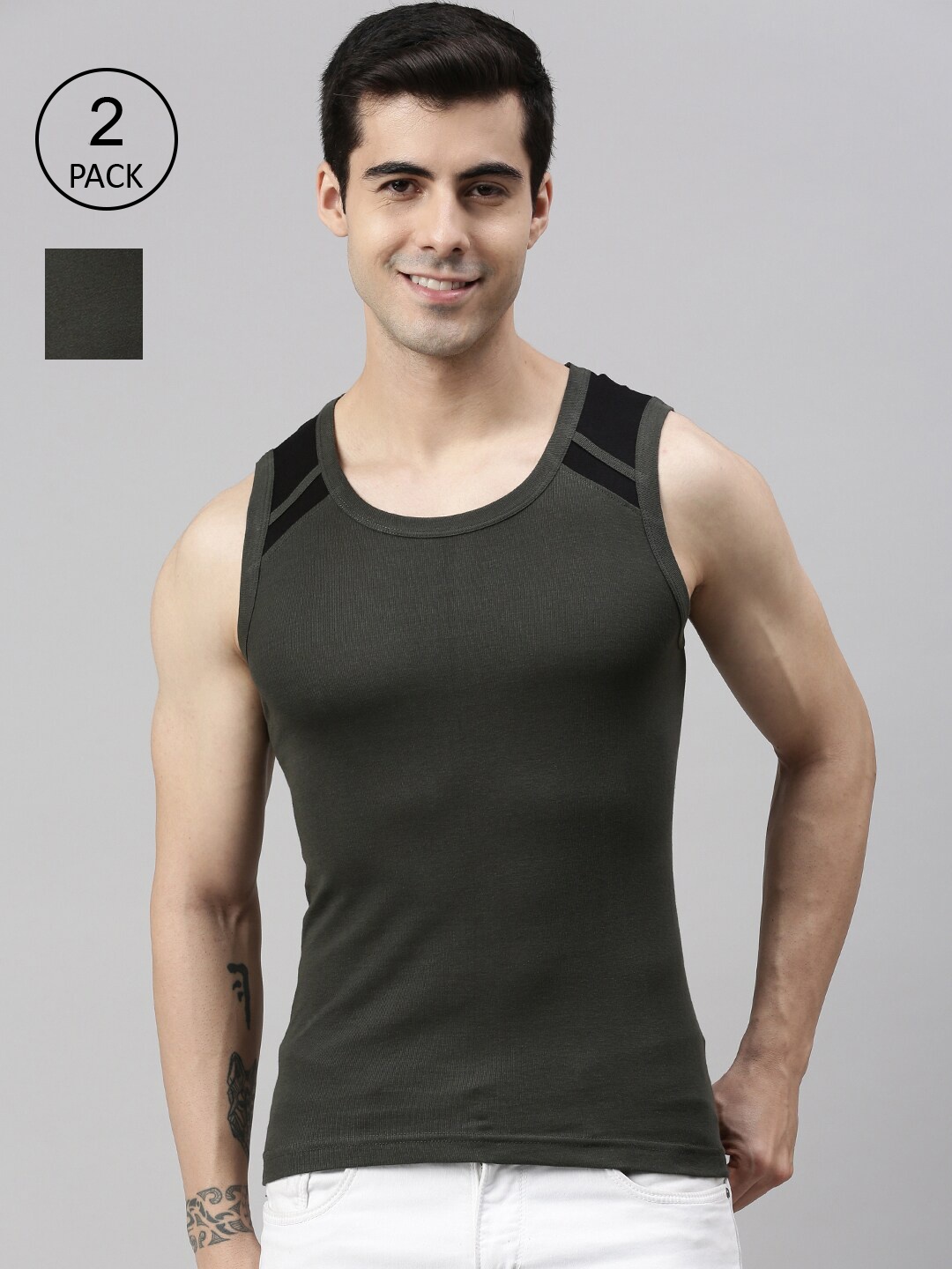

Lux Cozi Men Pack Of 2 Solid Pure Cotton Innerwear Vests, Olive