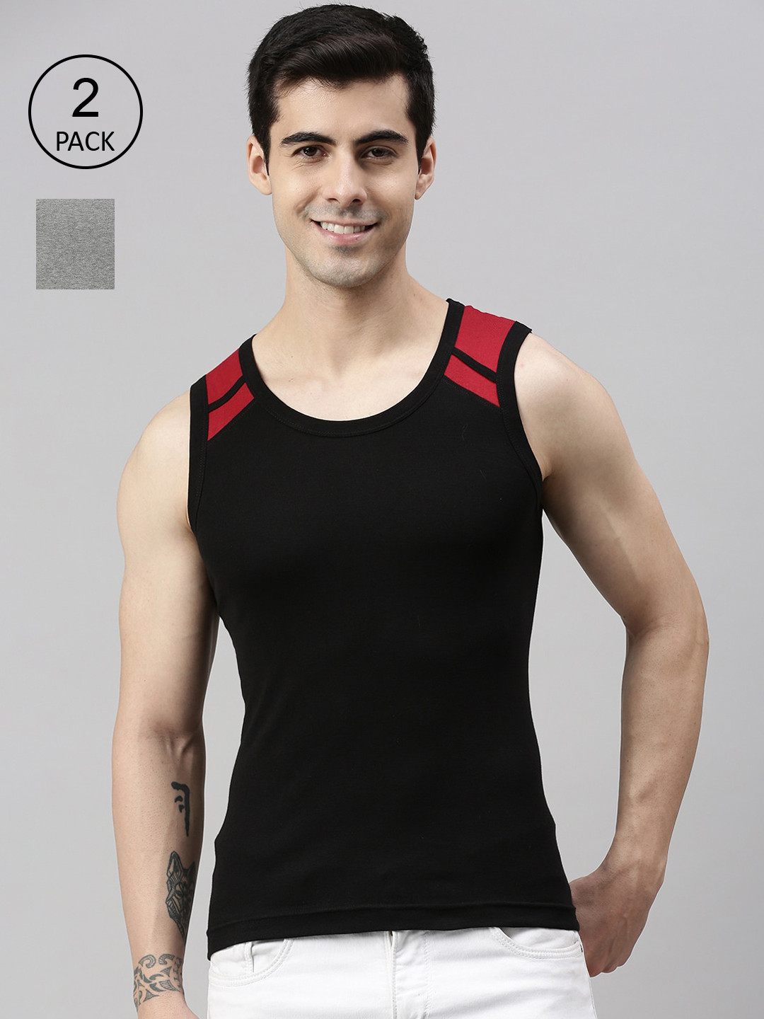 

Lux Cozi Men Pack of 2 Black & Grey Solid Pure Cotton Gym Vests