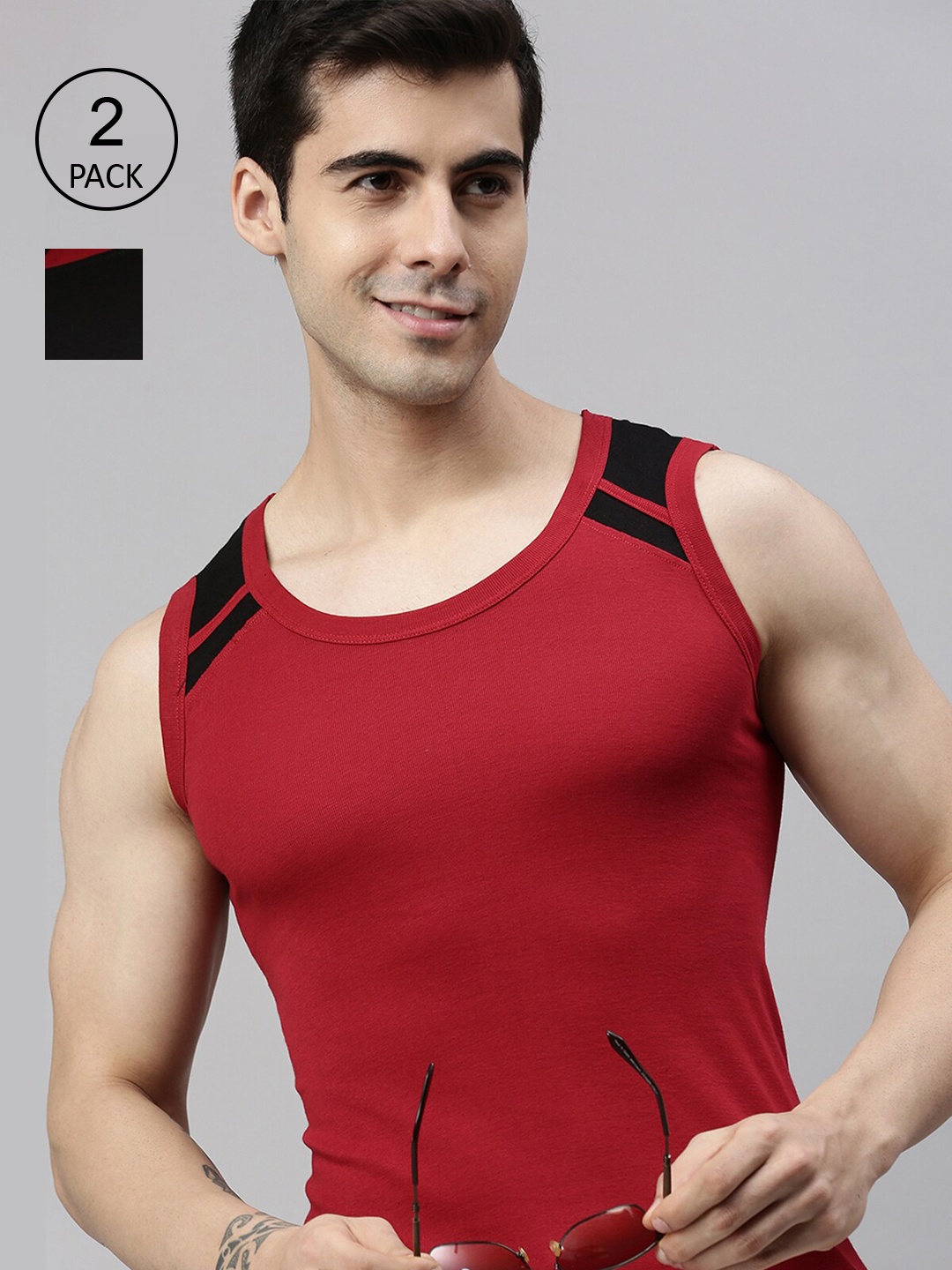 

Lux Cozi Men Pack Of 2 Solid Pure Cotton Gym Vests, Black