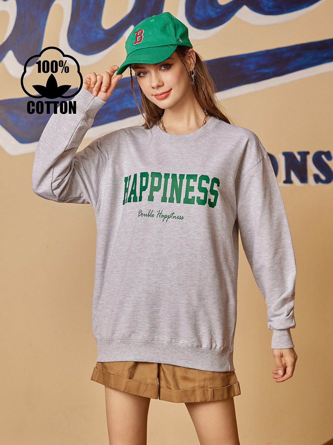 

URBANIC Women Grey Printed Cotton Sweatshirt