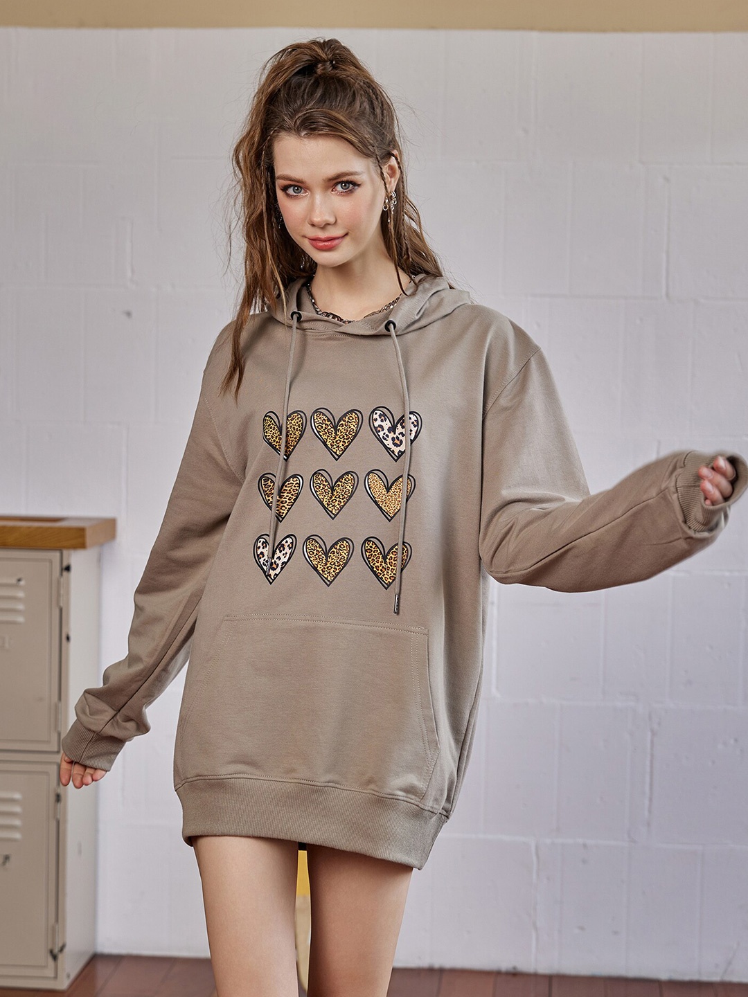 

URBANIC Women Khaki Printed Hooded Cotton Sweatshirt