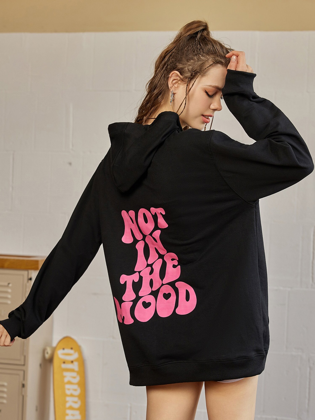

URBANIC Women Black Hooded Cotton Sweatshirt