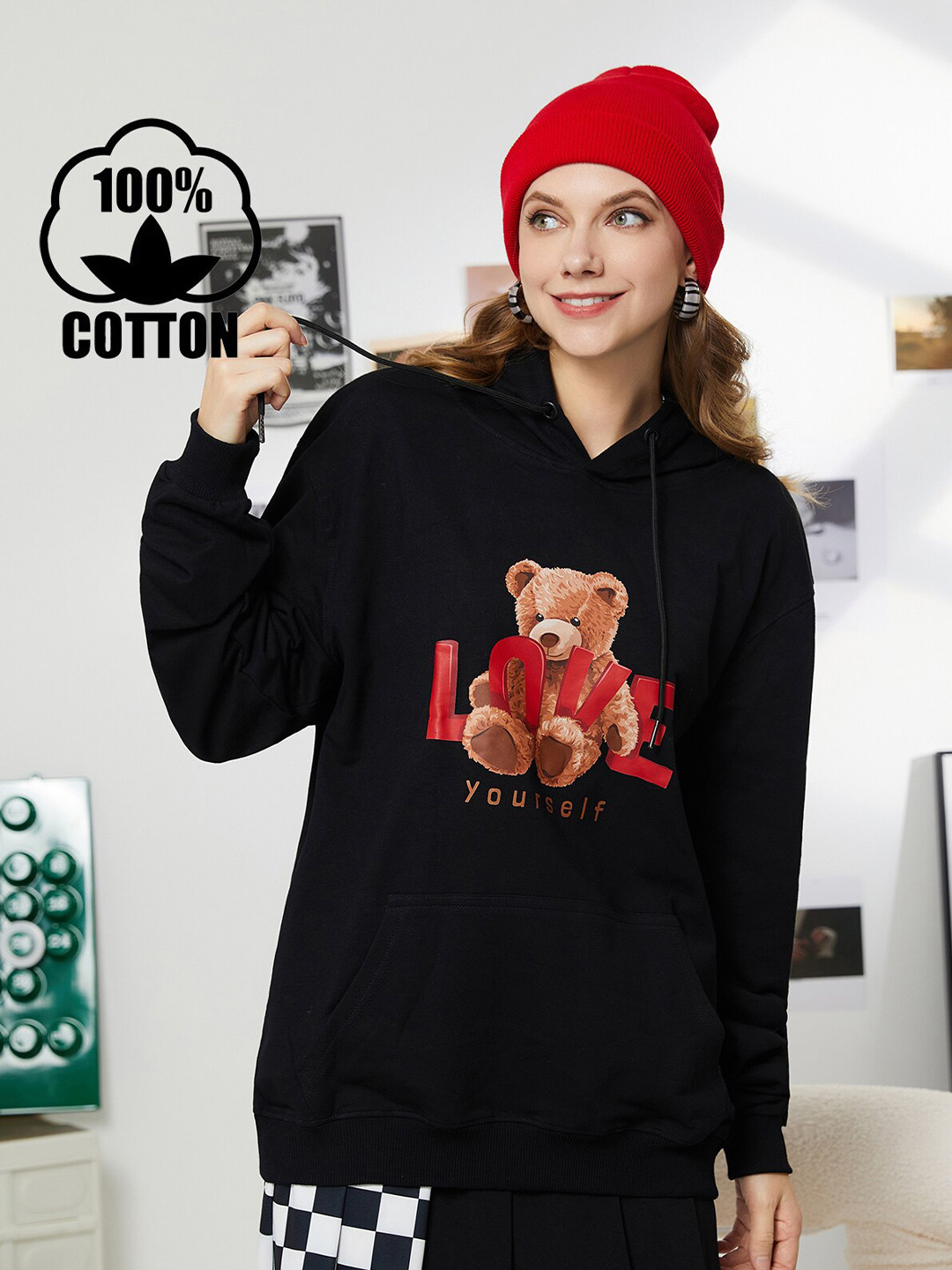 

URBANIC Women Black Printed Cotton Sweatshirt